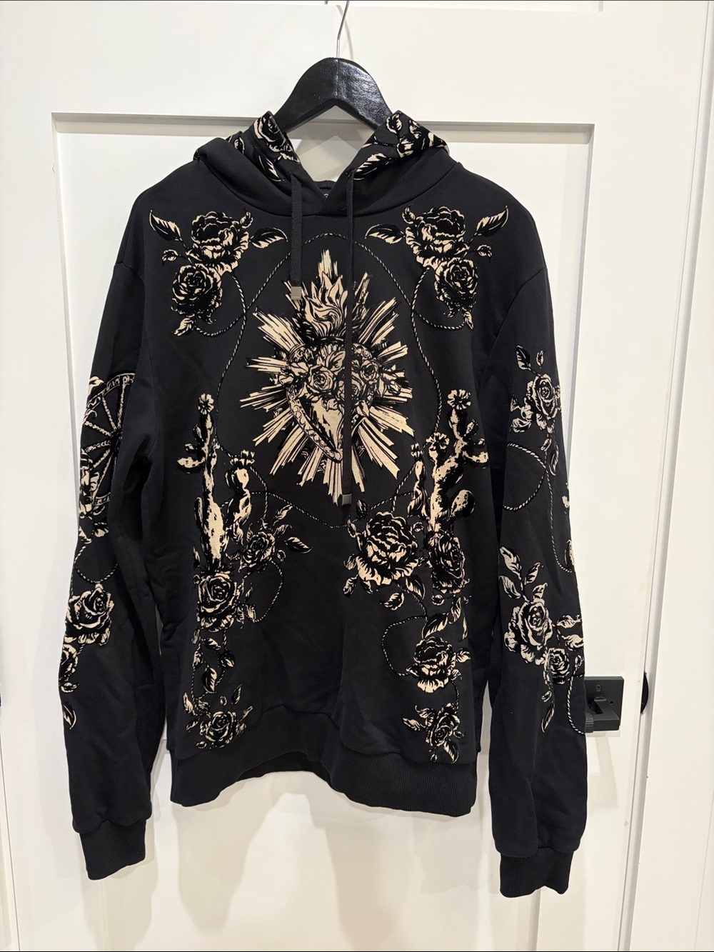 Dolce & Gabbana Black Hoodie with Beige Floral Accents